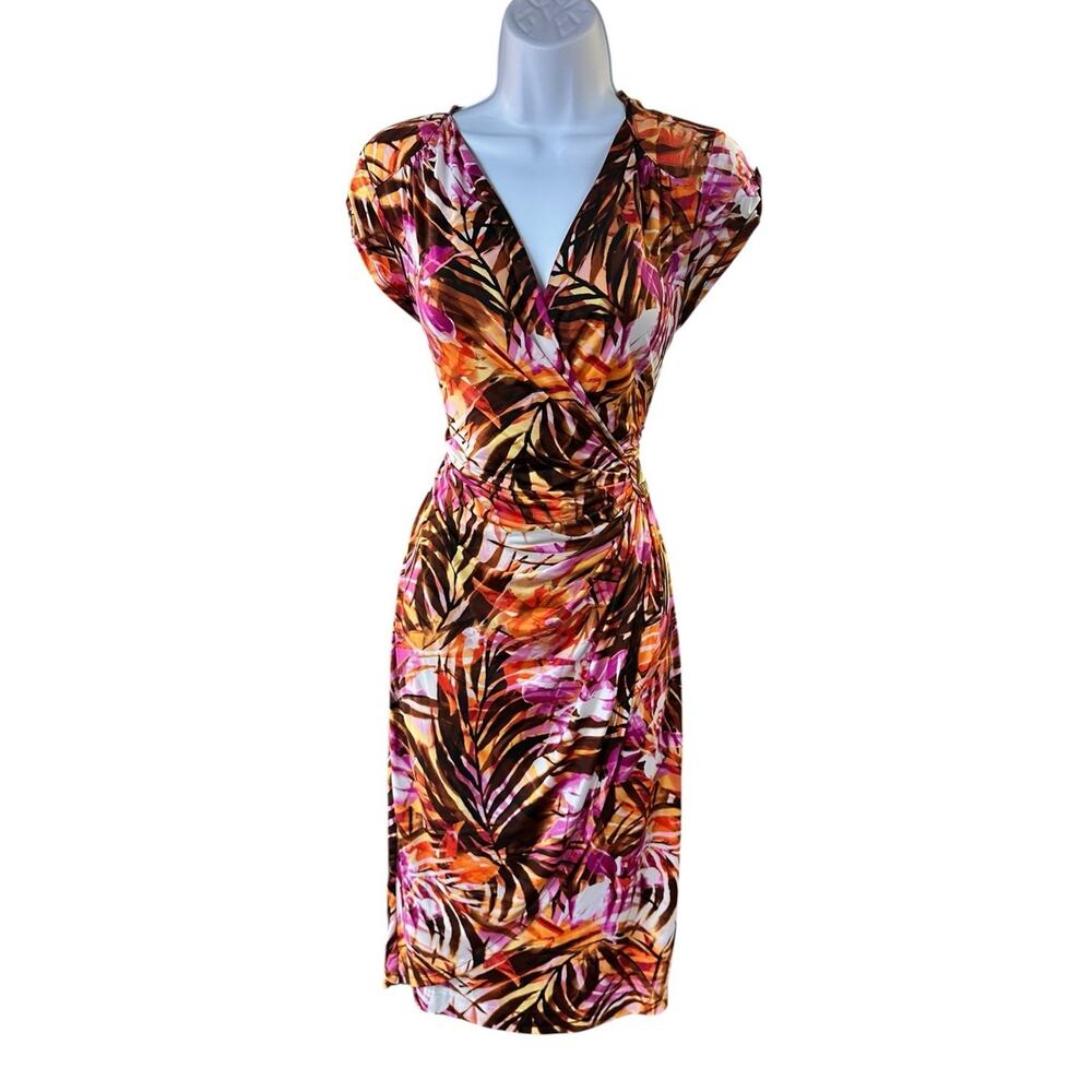 Y2K Cache Tropical Leaf Print Faux Wrap Vacation Party Dress Size Large